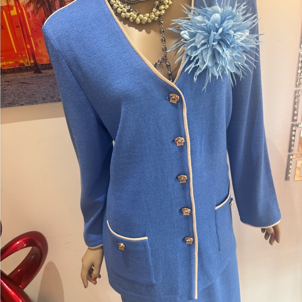 St. John skirt suit jacket blue gold 12 L buttons long - Picture 3 of 7